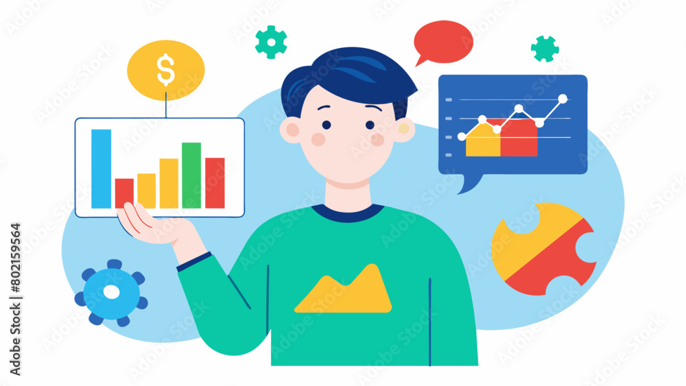 A person with autism confidently discussing the inner workings of the stock market using complex terminology and charts to illustrate their points.. Vector illustration