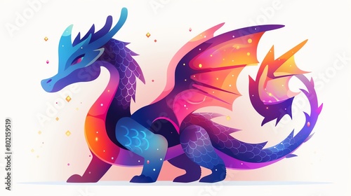 flat graphic of a stylized dragon with exaggerated curves and pops of neon colors on a simple white background