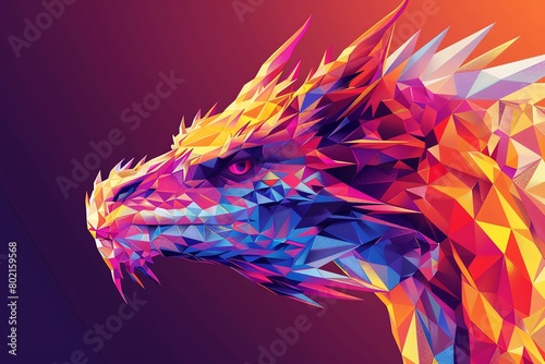 Dynamic flat illustration of a dragon s head, featuring polygonal art style with bright, eyecatching colors photo