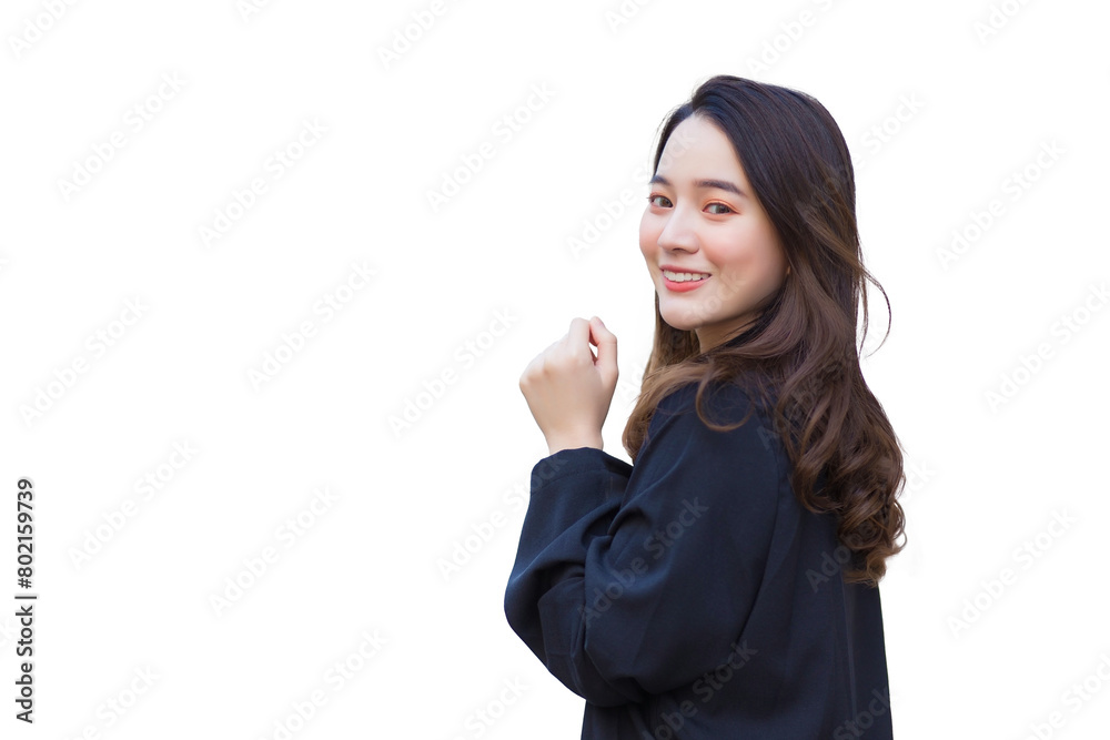 Young asian professional business office woman who has long hair wears blue formal suit while confidently while isolated white background. Young asian professional business office woman who has long hair wears blue formal suit while confidently while isolated white background.