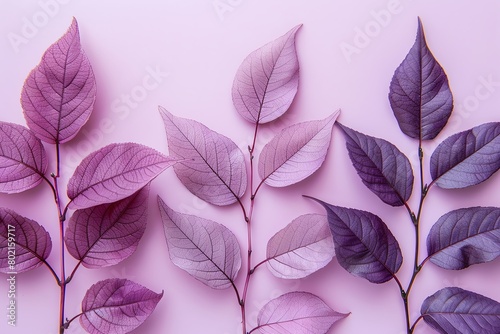 Elegant display of thin, delicate leaves arranged along the diagonal of a violet background for a serene look