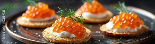 Elegant red salmon caviar served on a small blini with a dollop of sour cream, garnished with a sprig of dill