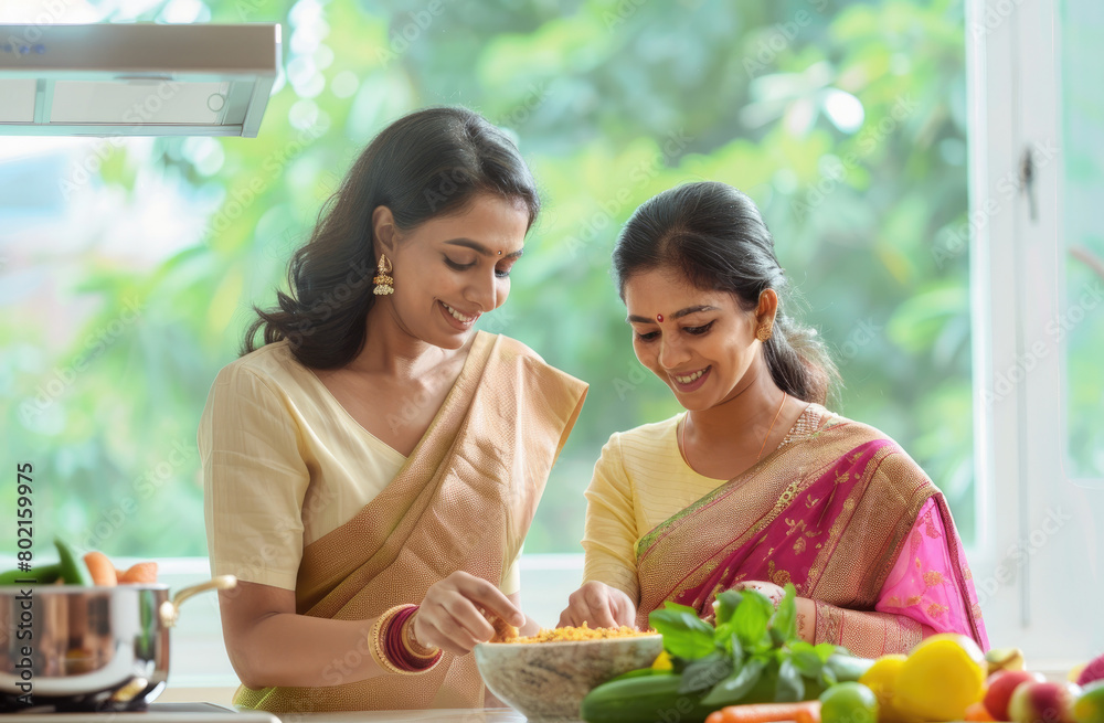A mother and daughter in the kitchen, with an Indian woman wearing a light yellow top and dark pink saree carrying out food ingredients from their bowl while smiling at each other.