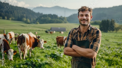 Farming, confidence and cows and portrait of man with smile on field, happy farm in countryside with dairy and beef production. Nature, meat and milk farmer, sustainable business in food industry