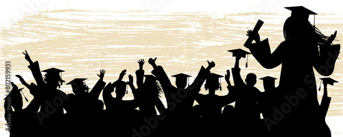 Cheerful graduate students with academic caps, silhouette. Graduation at university or college, or school. Vector illustration.
