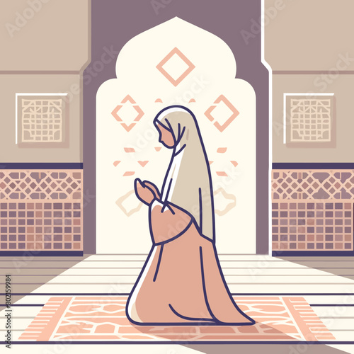 illustration of a Muslim woman praying inside a mosque