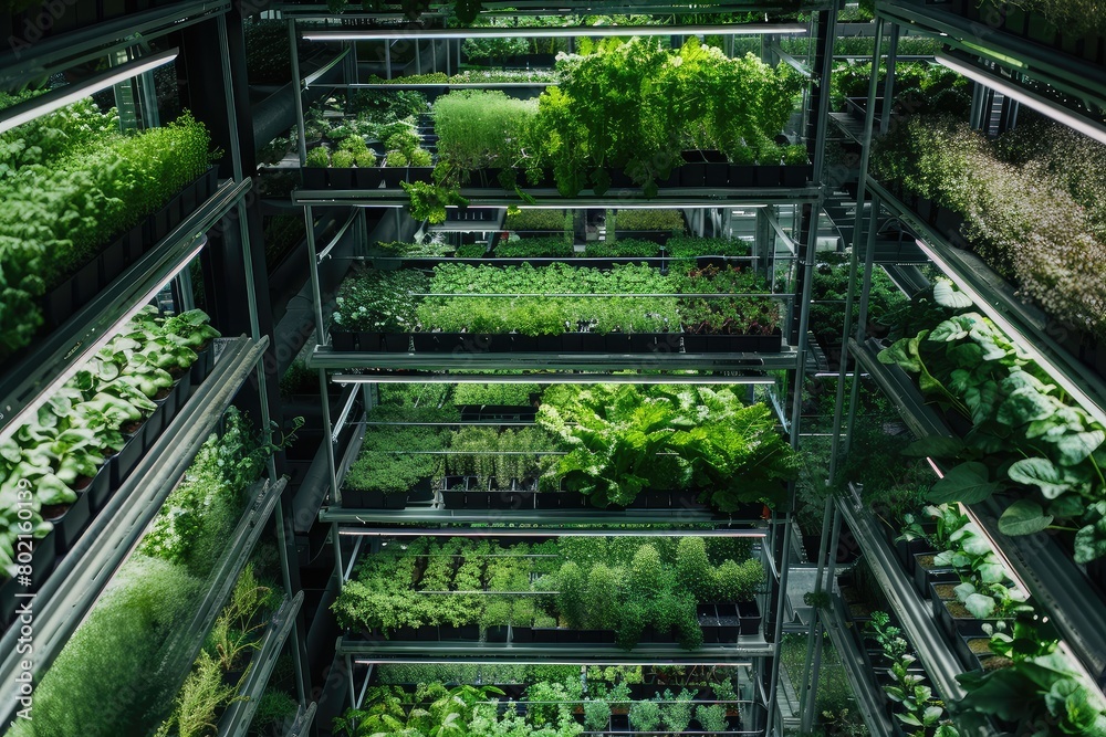 Aerial view inside a large scale vertical farm, emphasizing the integration of smart agriculture technologies to enhance crop production. Aerial view inside a large scale vertical farm, emphasizing the integration of smart agriculture technologies to enhance crop production.