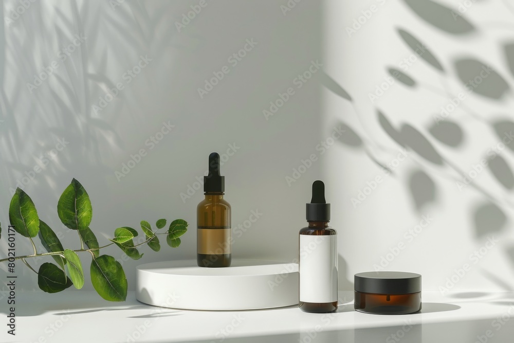 Elegant Minimalist Skincare Bottles with Natural Shadows on White Background Elegant Minimalist Skincare Bottles with Natural Shadows on White Background