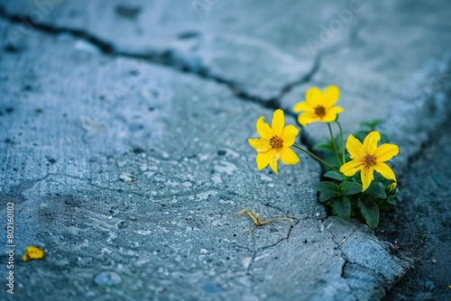 bright yellow flowers sprouting from cracked concrete, resilience and nature's persistence © bee