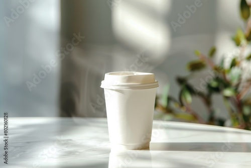 Sunlit Disposable Coffee Cup on Marble Surface in Modern Minimalist Setting