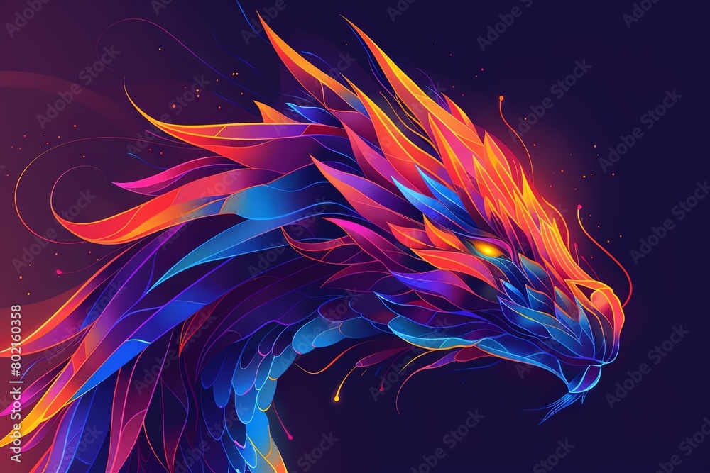 Abstract dragon design in a flat illustration style, composed of sharp angles and vibrant gradients on a dark canvas