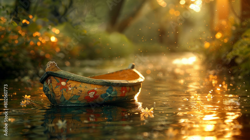 An old painted boat on a calm river at sunset.