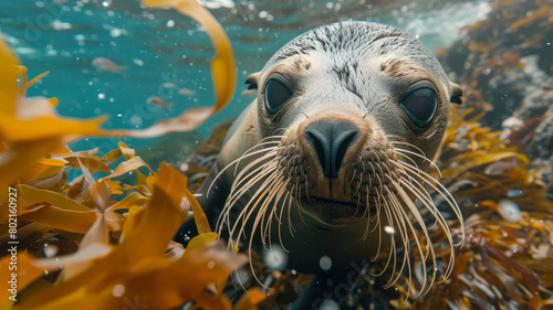 Seal surrounded by seaweed underwater. © SashaMagic