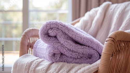 A purple blanket on a wicker chair.