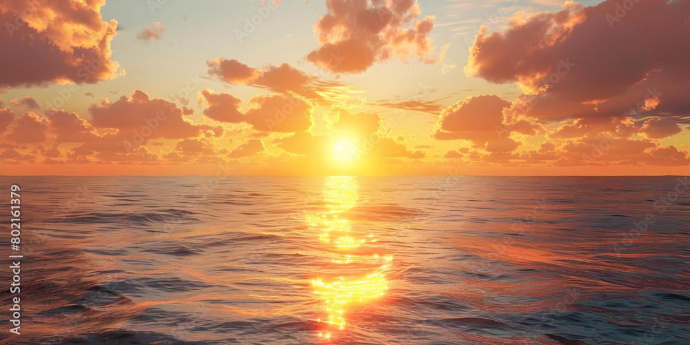 Sunset on a calm ocean , Water and horizon reflecting sun high definition photographic creative image , A sunset over the ocean with a cloudy sky and the sun shining down on the horizon