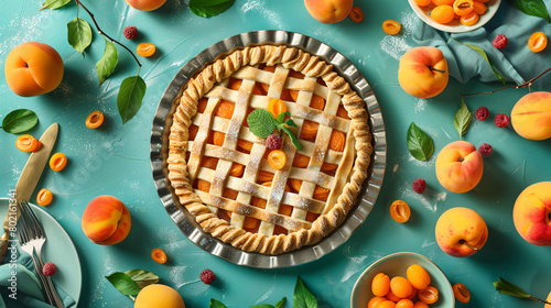 Baking tray with tasty apricot pie and fresh fruits  photo