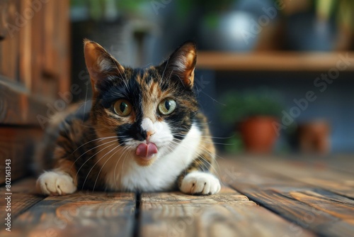 Tricolor cat licks her lips with her tongue on a wooden table