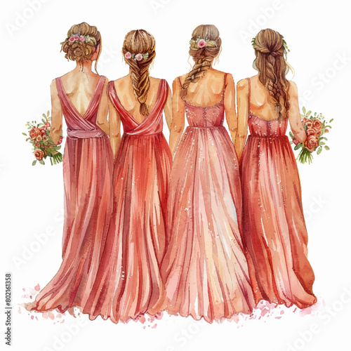Watercolor illustration of bridesmaids in peach-colored dresses