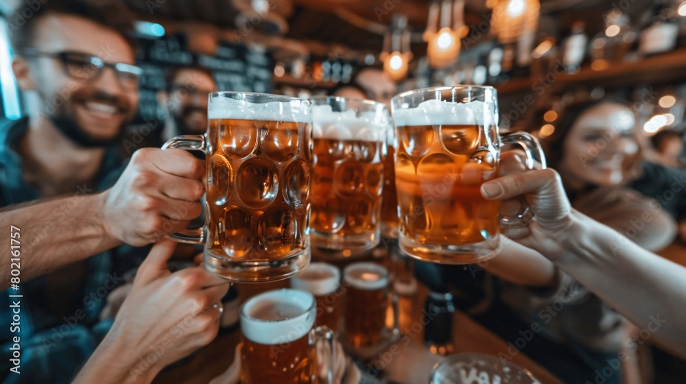 Friendly Cheers. Friends clink glasses of beer. enjoying a football match in a lively bar. capturing the essence of sports. socializing. and shared experiences.