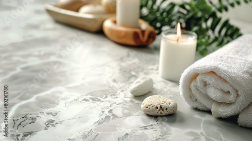 This serene spa background features a lovely clean pattern with a white cloth candle and pumice stone for a relaxing atmosphere  Generated by AI