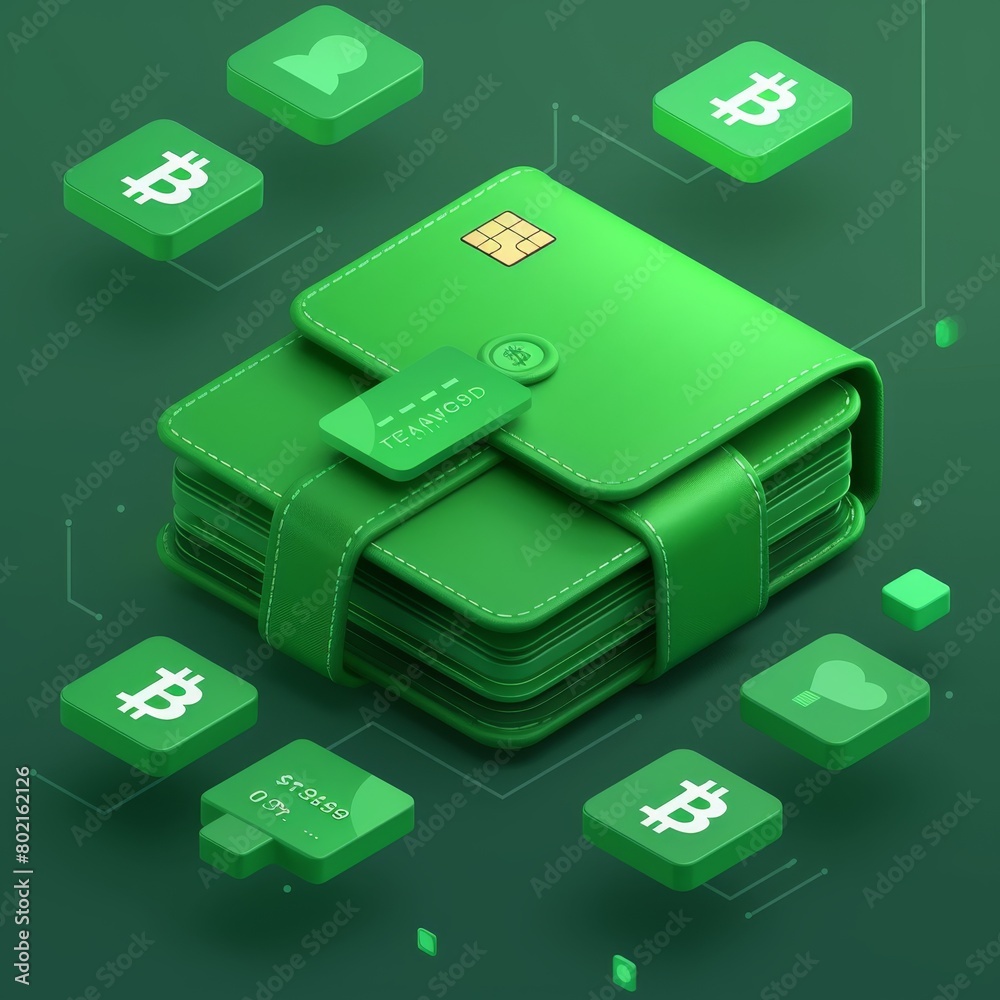 Obraz premium A 3D rendering of a green digital wallet with a credit card inside of it. The wallet is surrounded by green and blue icons.