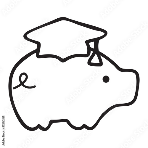 Piggy bank with graduation hat. Outline isolated icon. Black color. Illustration on white background. © Igor