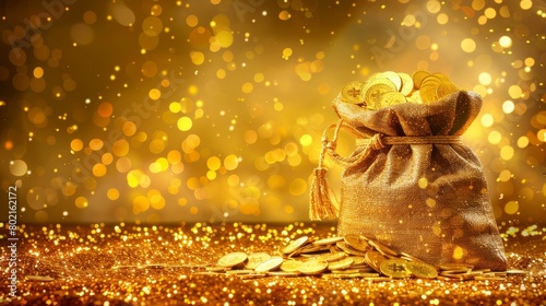 A bag of gold coins with a golden background photo