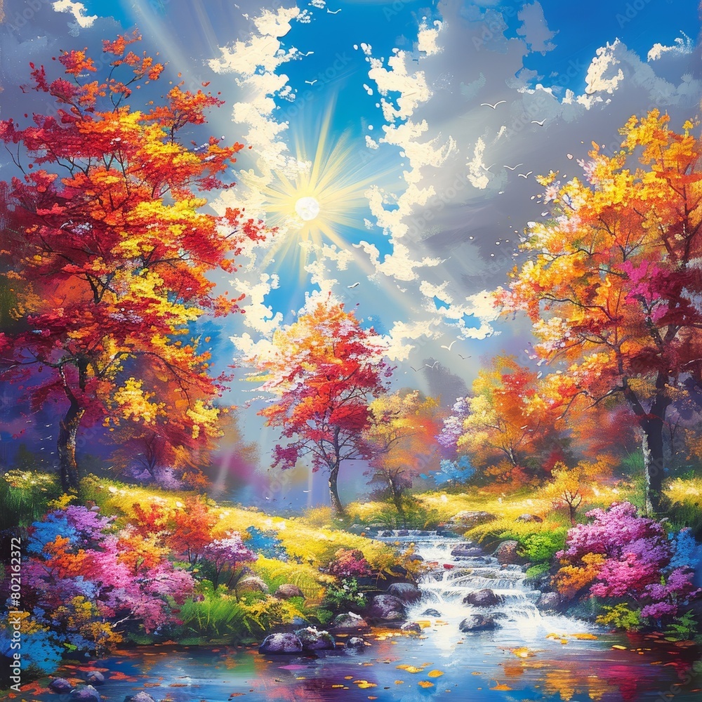 A beautiful painting of a forest in the fall. The trees are tall and majestic, and the leaves are a vibrant array of colors. The sun is shining brightly, and there is a babbling brook running through