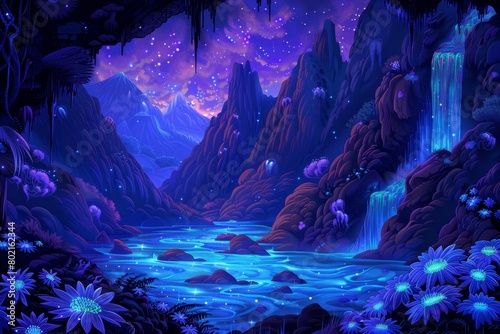 A beautiful painting of a bio-luminescent alien planet with glowing mushrooms and flowers.