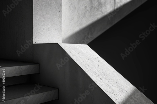 A close up of architectural staircase with light and shadow and was built by cement. Abstract stone stair with black white, abstract step in city. Represented stepping, growth, development. AIG42.