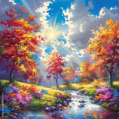 A beautiful painting of a forest in the fall. The trees are tall and majestic  and the leaves are a vibrant array of colors. The sun is shining brightly  and there is a babbling brook running through