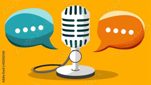 A blue and orange speech bubble with a microphone in the center.