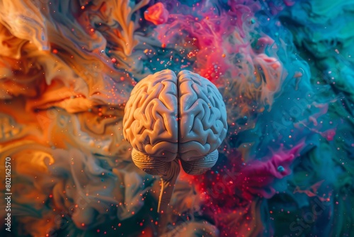A closeup of a human brain model set against a backdrop of vibrant, abstract colors symbolizing creativity and imagination