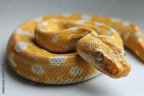 Yellow snake on white background, Python reticulatus (Python reticulatus)