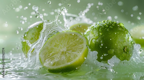 a splash of lime juice, vibrant and refreshing, against a greenish-white background.