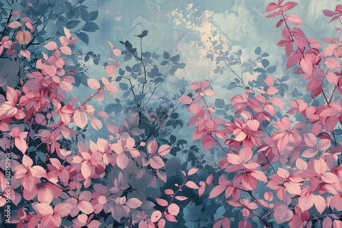 Beautiful pink leaves on grunge blue background,  Spring nature background