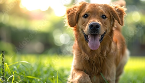 Playful and energetic Golden Retriever bounding through a summer sunny field  photo