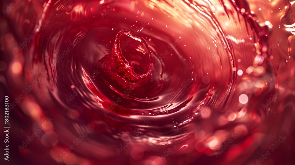 A red wine glass with a splash swirling in light, creating a spiral pattern against a blue backdrop A red wine glass with a splash swirling in light, creating a spiral pattern against a blue backdrop