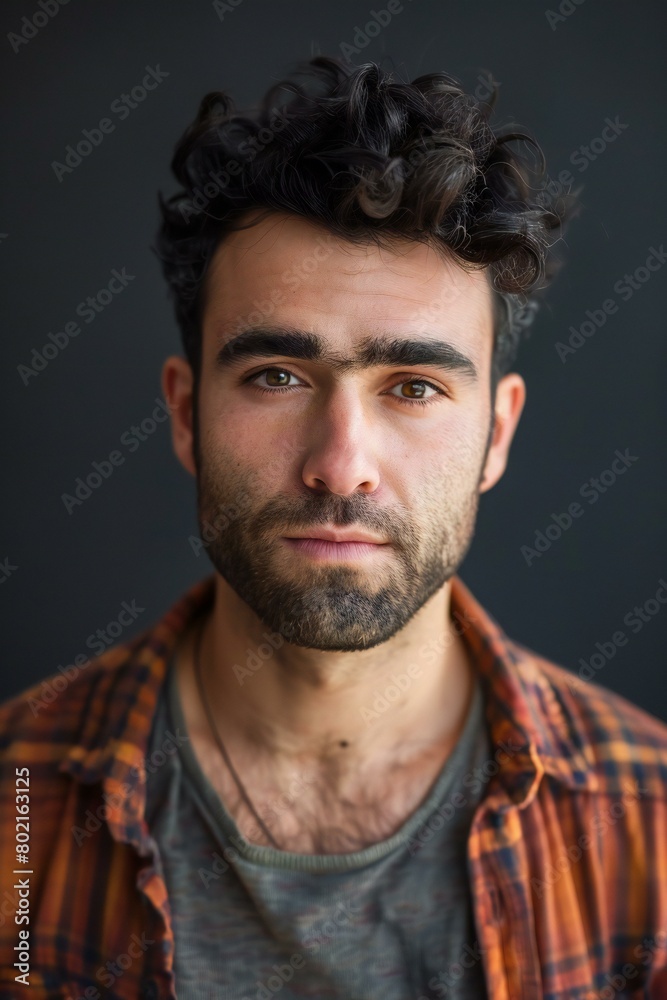 Portrait of a handsome young man with a beard on a dark background