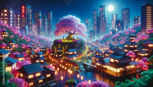 Fantasy Night City Japanese Landscape with Neon Lights, Generative AI