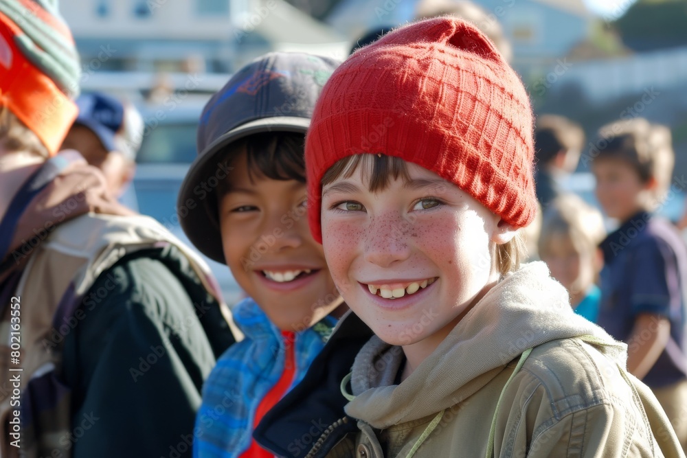 children on the street in a red cap, close-up portrait children on the street in a red cap, close-up portrait