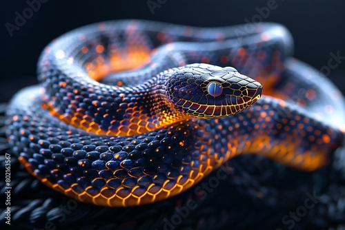 Close-up of a snake on a black background,   rendering photo