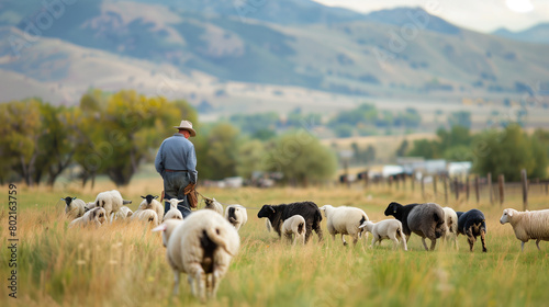 Dairy Farmer Monitoring Grazing Cows in Pasture. Generative AI.