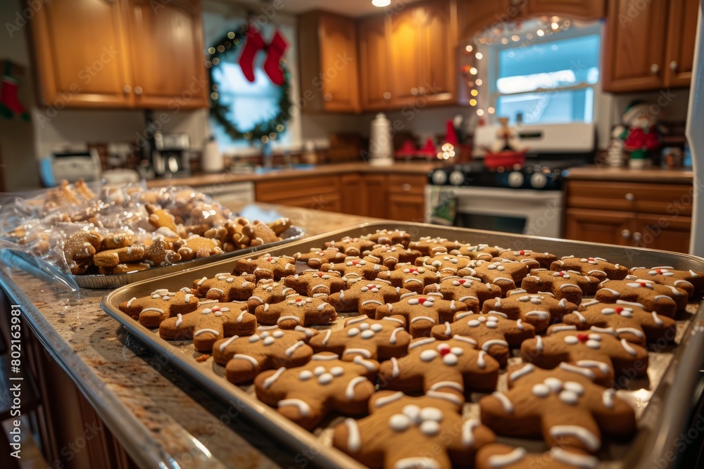 A panoramic view of a kitchen counter covered with trays of freshly baked gingerbread men cooling off