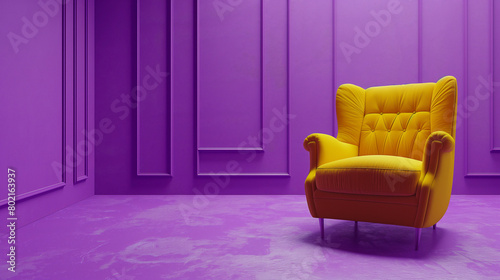 A flat purple background  with a yellow padded armchair