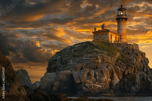 Lighthouse on the rock at sunset in Cabo San Lucas, Mexico photo