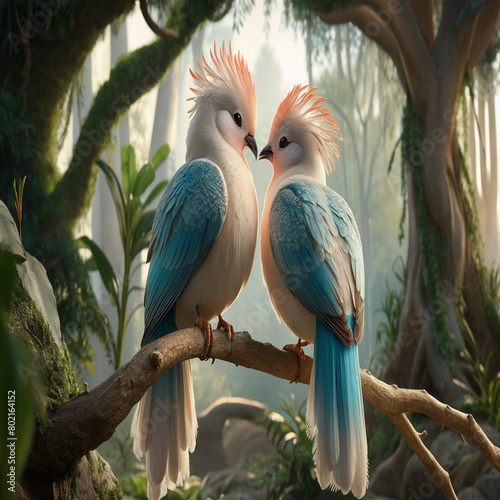 two beautiful birds sitting on a branch of a tree. AI generated.