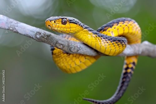 Close up of yellow snake on a branch in the rainforest