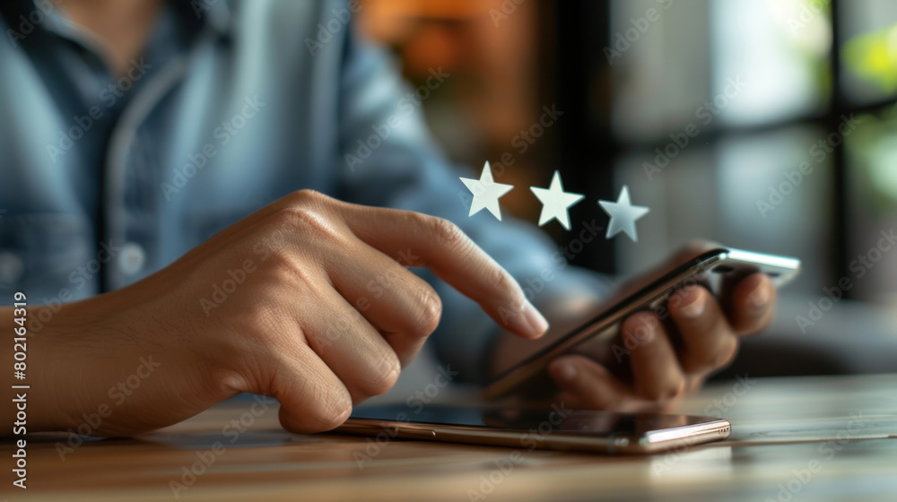 Fototapeta premium A man hand holding a smartphone with a display showing star ratings, symbolizing customer feedback in a business context