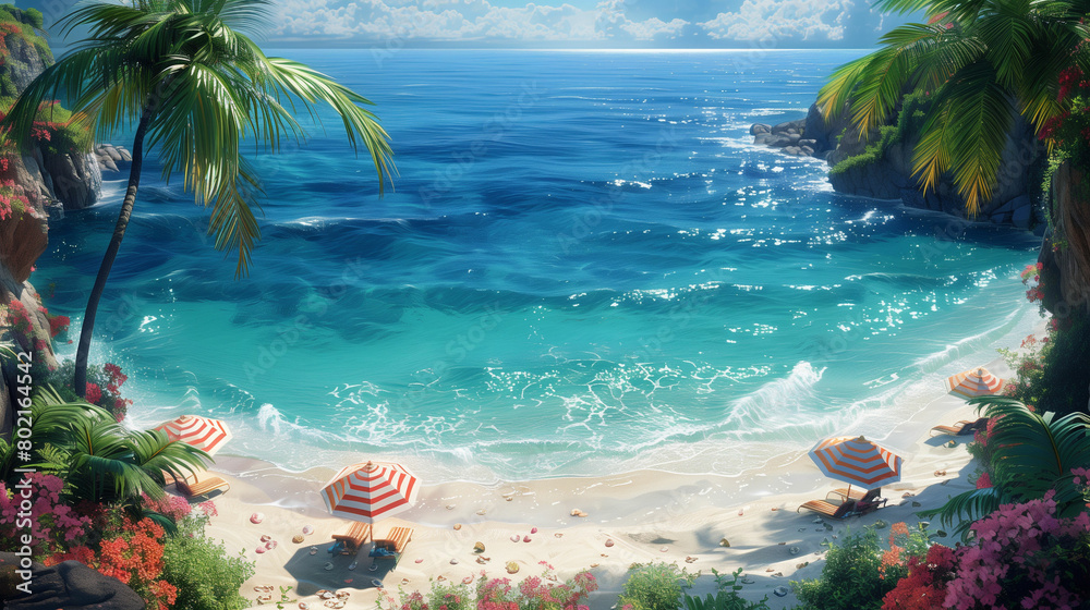 Fototapeta premium Beach scene with umbrellas and flowers. Generative AI